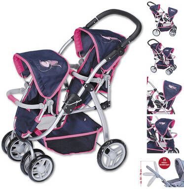 knorr toys® knorr®, speelgoed tweeling poppenwagen Milo flying heart s navy/roze